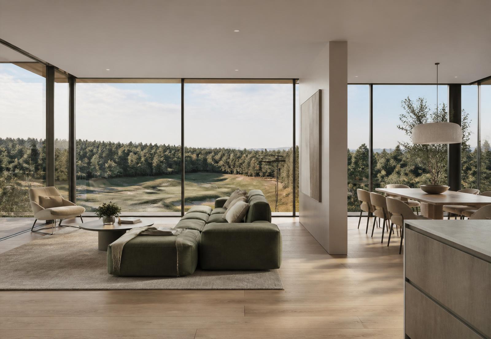 Interior da residência com vista para o campo de golfe e a mata