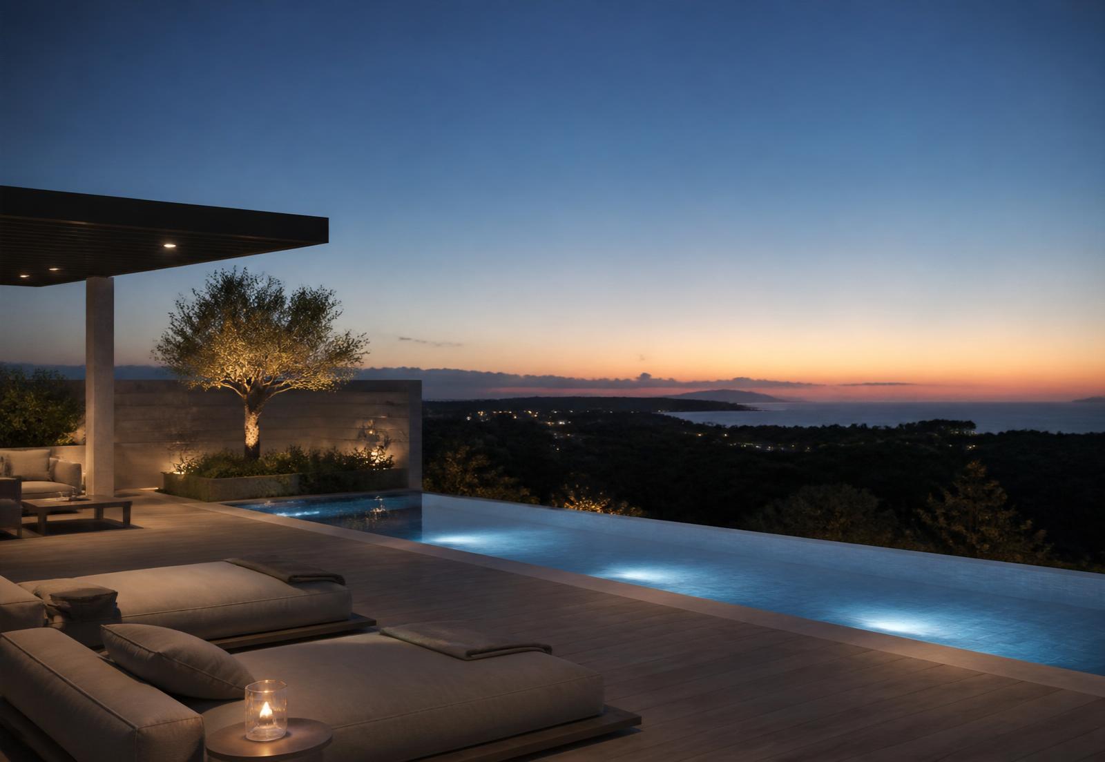 Piscina de borda infinita ao entardecer, com vista para o mar
