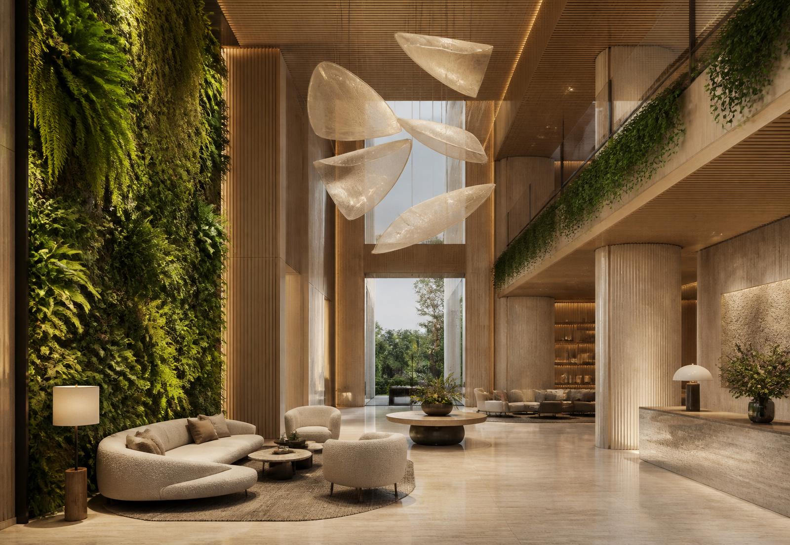 Lobby duplo pé-direito com jardim vertical e luminárias esculturais