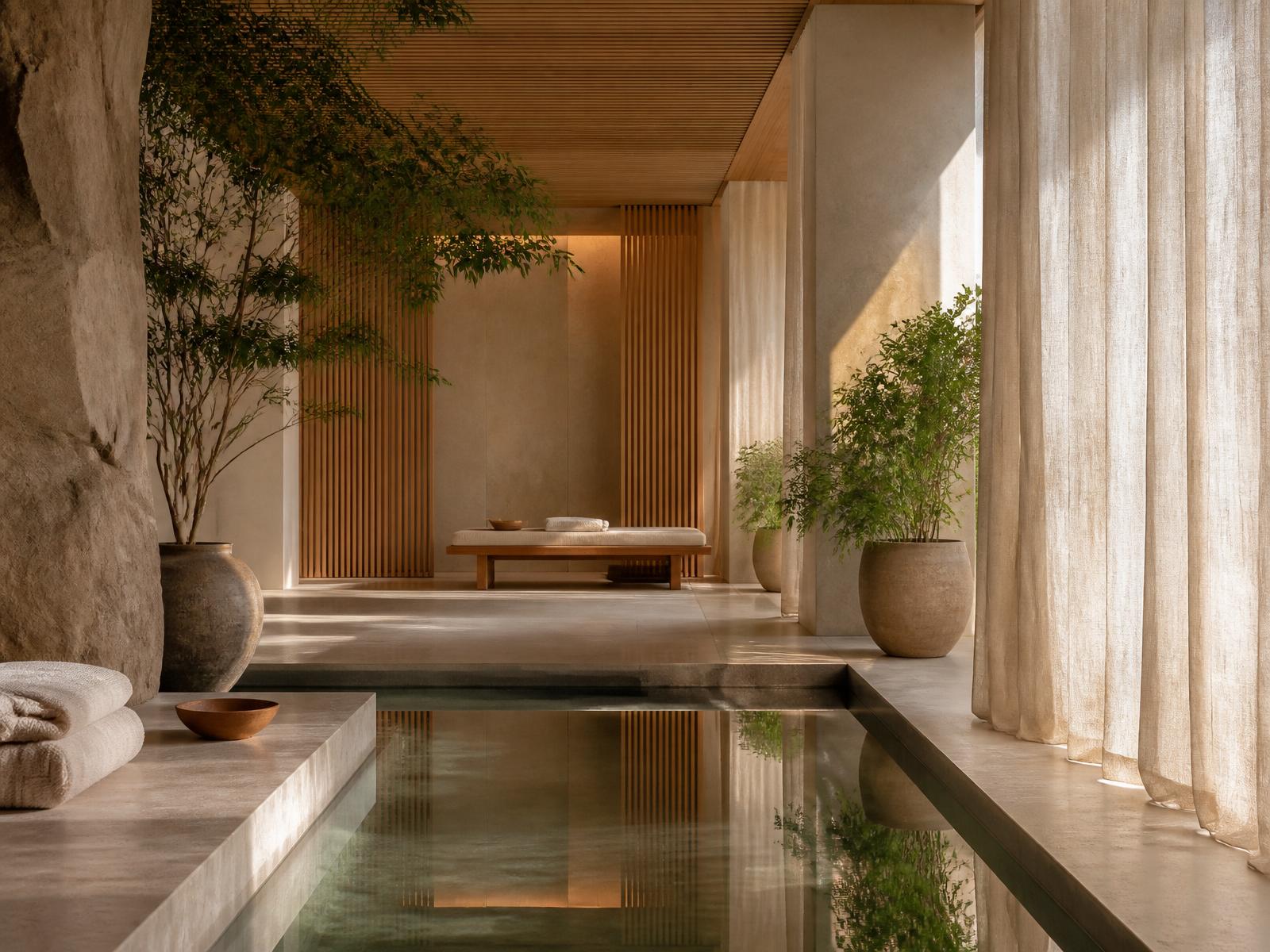 Interior de spa minimalista com espelho d'água