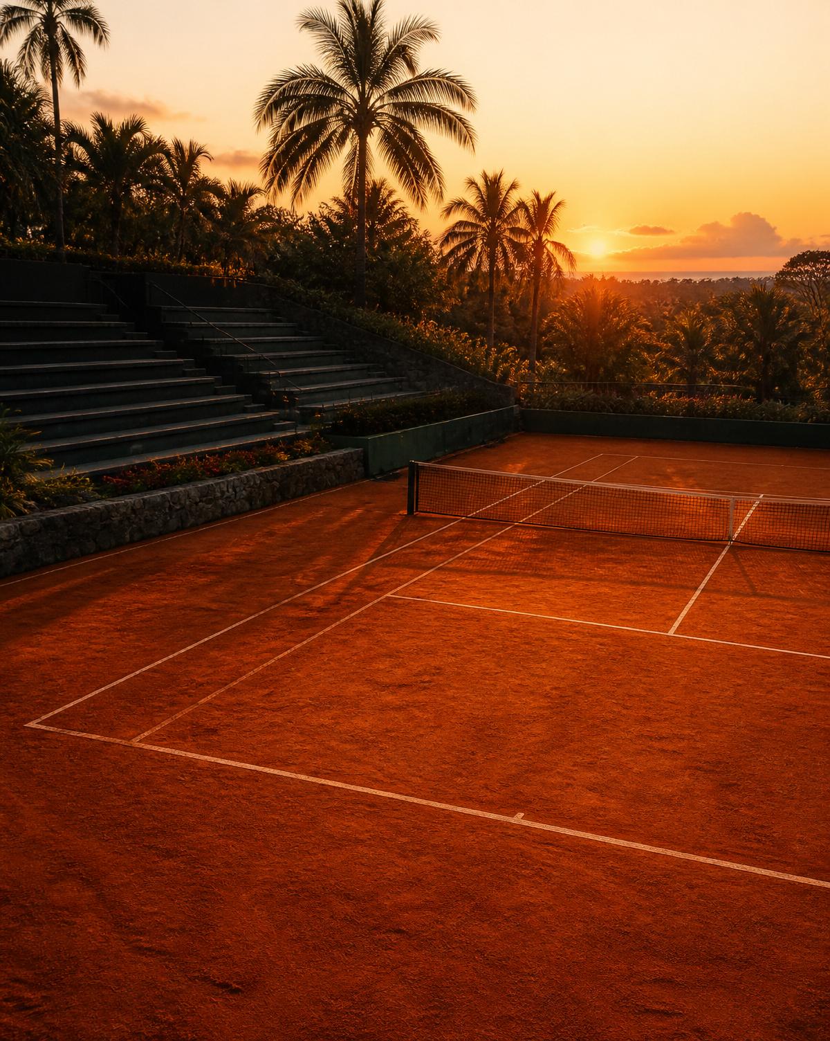 Quadra de tênis de saibro ao pôr do sol
