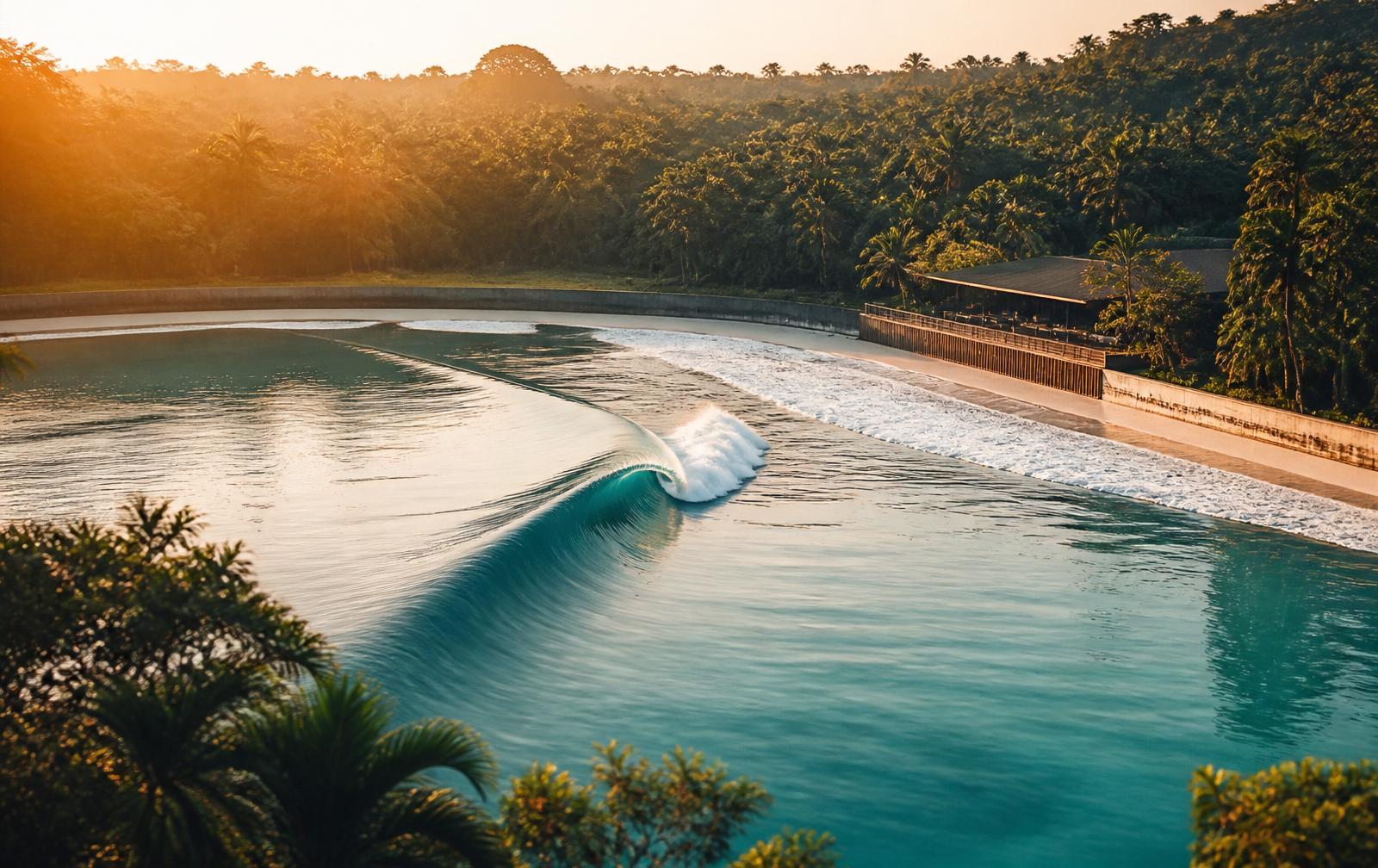 Wavegarden com onda perfeita ao entardecer